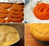 Приготовьте желтое тесто, для этого смешайте пюре из проваренной тыквы с 50 мл воды, с мукой. Так же дайте подойти тесту в теплом месте в течении часа.