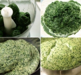 Приготовьте зеленое тесто, для этого измельчите в блендере шпинат, добавьте 100 мл воды и небольшое количество масла. Полученное пюре добавьте к 1/3 части муки с дрожжами и солью. Замесите тесто и оставьте для подъема в теплом месте на час.