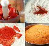 Приготовьте красное тесто, для этого в муку с дрожжами и солью добавьте молотую паприку и пюре из красного перца с 120 мл воды. Замесите тесто и поставьте для подъема в теплое место на час.