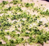 Тесто делим пополам, части скатываем в шар. Одну часть раскатываем в круг, накалываем по всему диаметру вилкой и помещаем в форму для запекания, смазанную маслом. Выкладываем бОльшую часть сырной смеси на основу пиццы.