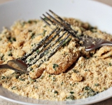 Затем в муке, снова в яйце и уже в панировочных сухарях.	