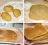 Разогрейте духовку. Когда тесто остынет, разделите его на 4 равных коржа. Противень выстелите пекарской бумагой. Одну часть теста раскатайте в прямоугольник 18х25 см (раскатывайте немного больше, потому что все равно придется обрезать). Переложите тесто на противень и выпекайте до зарумянивания. Проделайте тоже самое с остальными коржами.