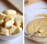 Для начала разогрейте духовку. Яблоки (лучше всего выбирать сорт послаще) очистите от кожуры и семенной коробки. Нарежьте яблоки на крупные кусочки (примерно на 8 частей каждое). Тесто готовить очень просто, не нужно его взбивать, просто смешайте все ингредиенты в миске до получения однородной массы. Но есть одно но: все продукты нужно заранее достать из холодильника, чтобы они были теплыми, а масло размякло. Стручок ванили разрежьте вдоль и выньте семена, добавьте в тесто.