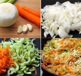 Для начала нарежьте лук соломкой, сельдерей нарежьте тоненькими поперечными ломтиками, измельчите чеснок, а морковку натрите на крупной терке. На сковородке разогрейте смесь из сливочного и растительного масла, затем обжарьте на ней лук и чеснок до прозрачного цвета, потом добавьте морковку и сельдерей и на среднем огне, помешивая, готовьте еще минут 5.